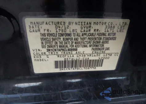 2012 Nissan Versa z USA, uszkodzony, nr VIN 3N1CN7APCL8908998